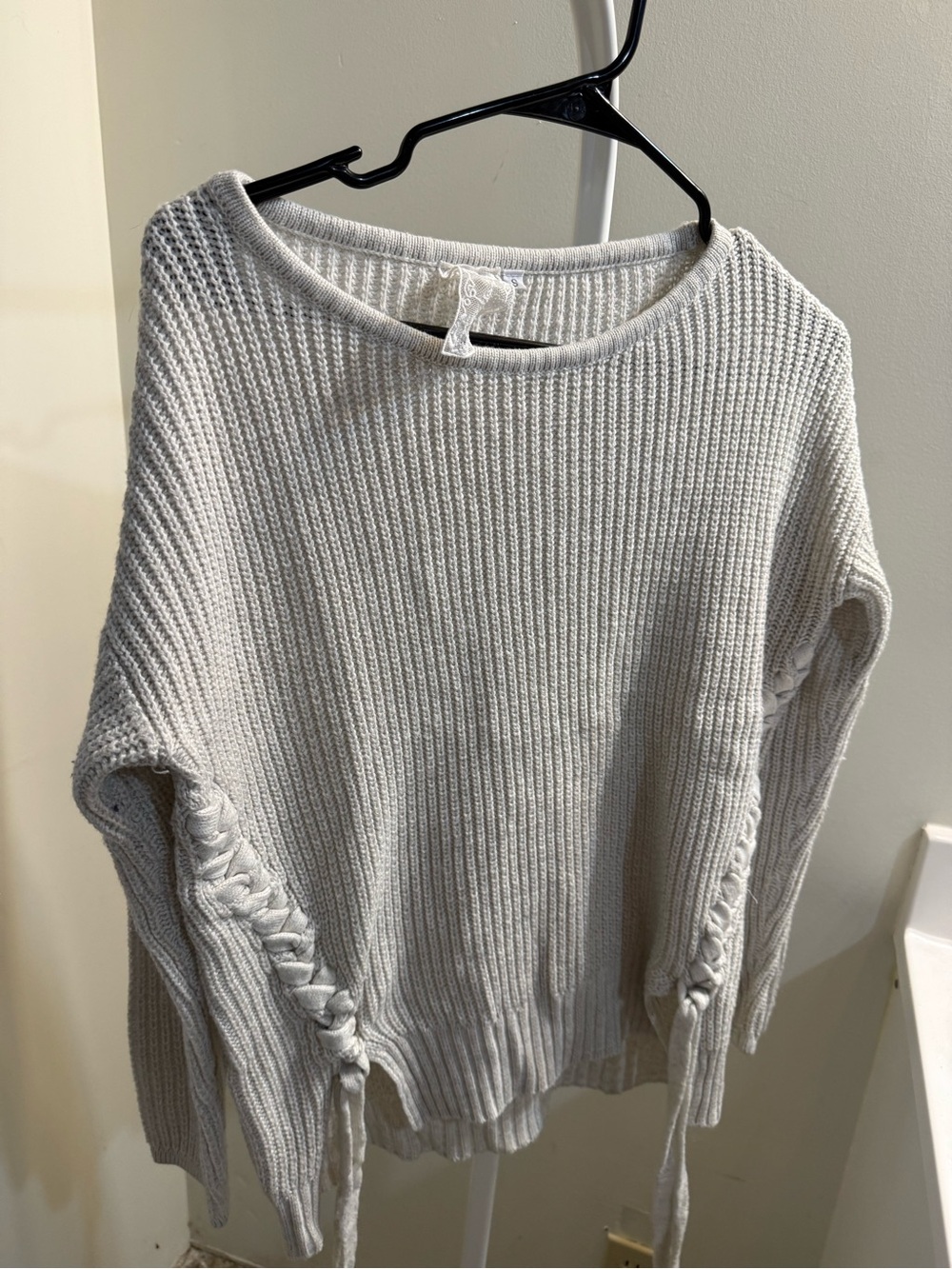 Cream Ribbed Knit Sweater with Side Braid Detail